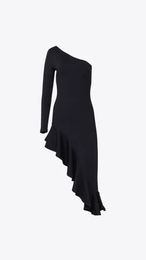 One Arm Long Sleeve Ruffle Dress - Black