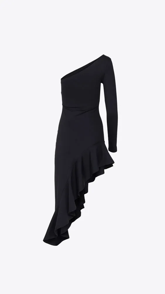 One Arm Long Sleeve Ruffle Dress - Black