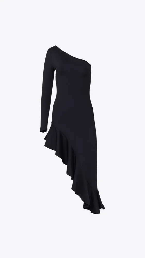 One Arm Long Sleeve Ruffle Dress - Black