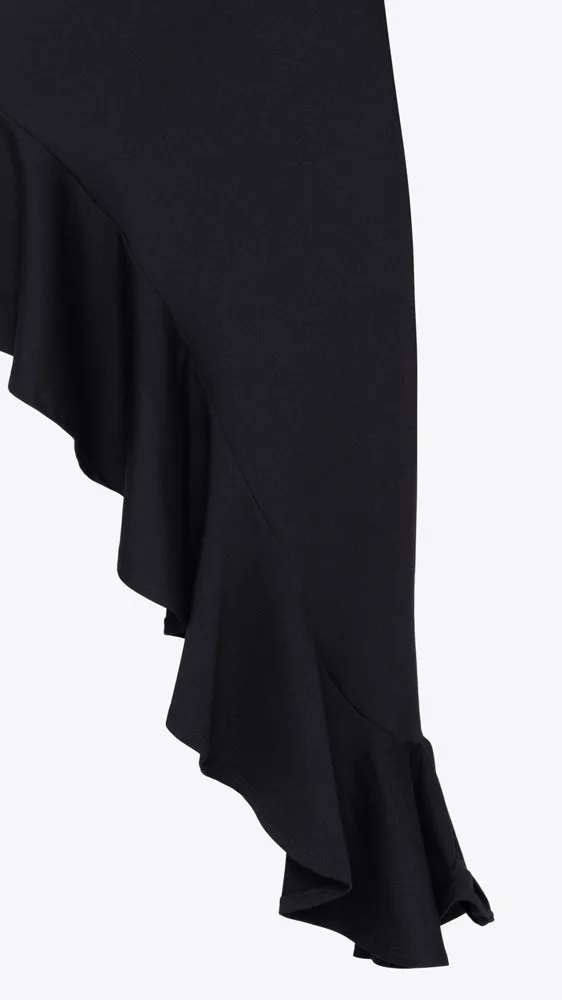 One Arm Long Sleeve Ruffle Dress - Black