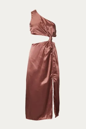 ONE-SHOULDER SATIN CUTOUT MIDI DRESS