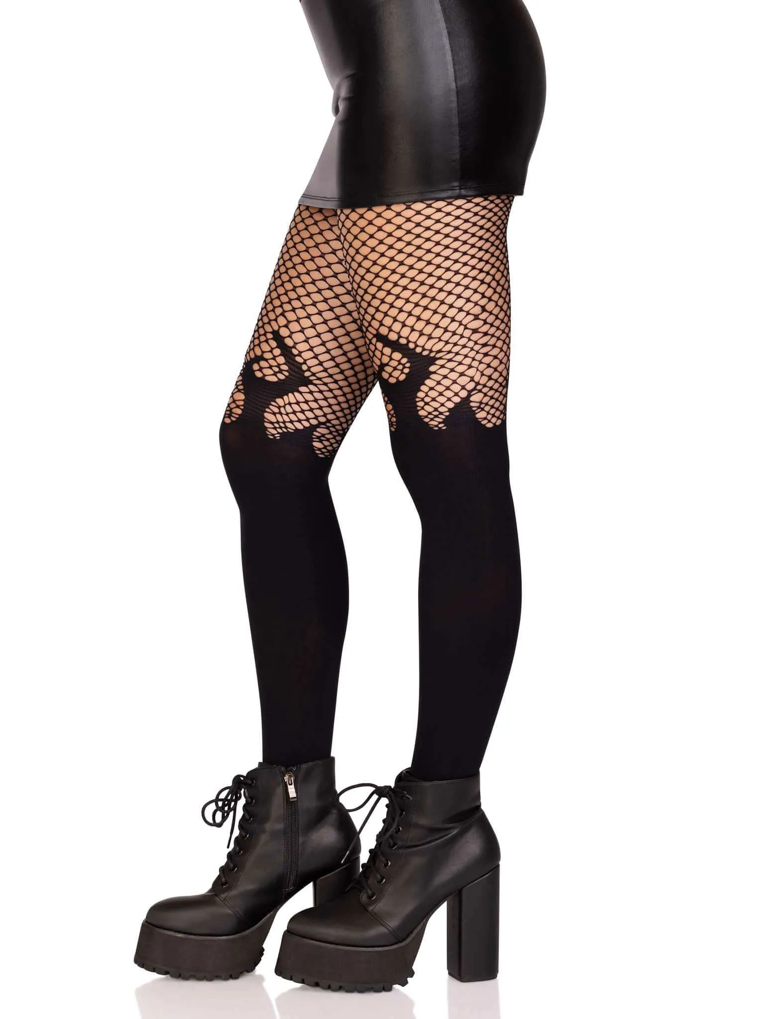 Opaque Flame Tights With Fishnet Top - One Size -  Black