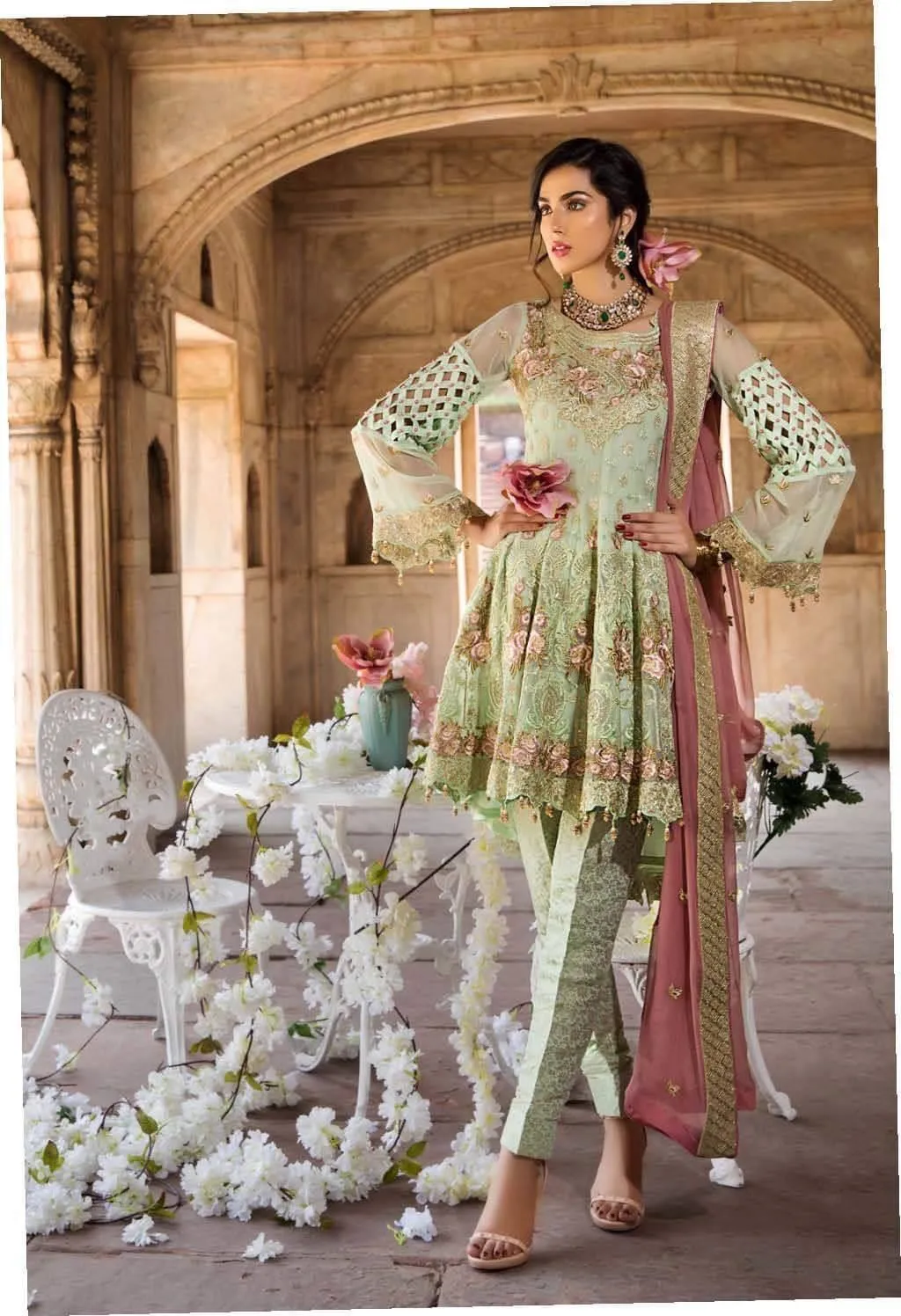 Pakistani Fresh Sea green with tea pink Chiffon Festive Wear 2019 # C1938
