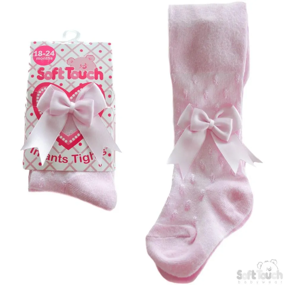 Pink Shiny Tights W/Double Bow: (T40-P) NB-12 Months