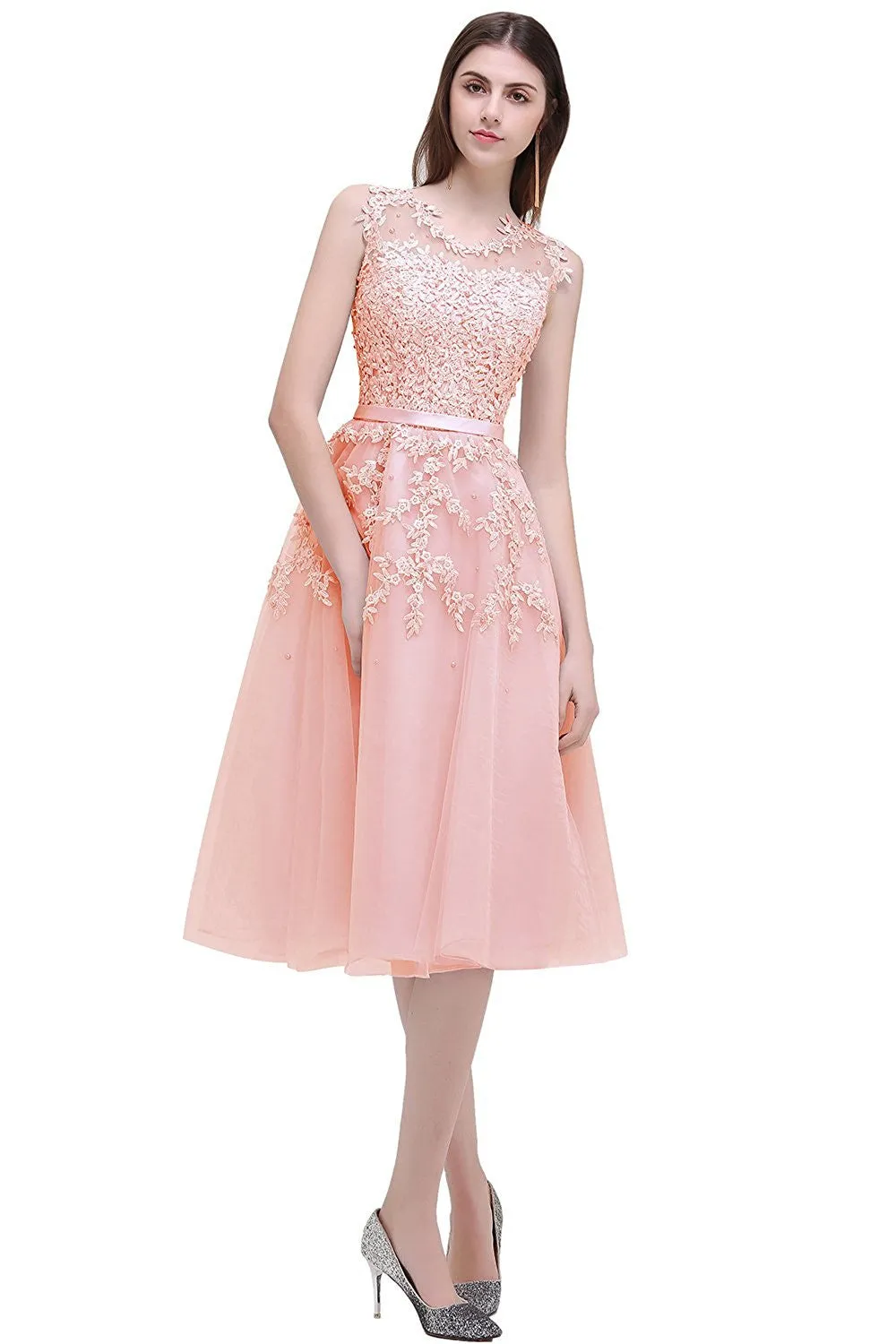 Pink Sleeveless Tulle Appliques Short Evening Cocktail Gowns