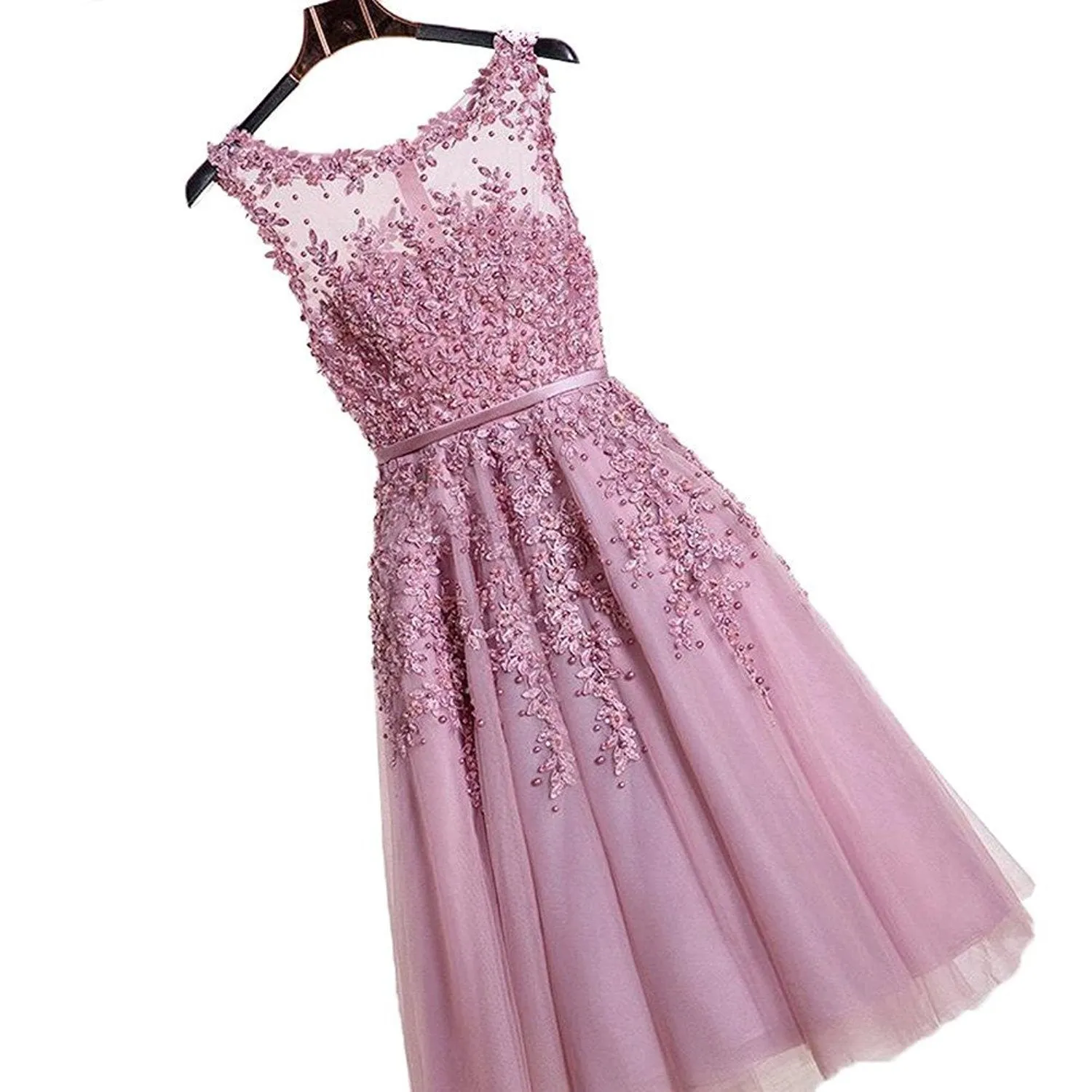 Pink Sleeveless Tulle Appliques Short Evening Cocktail Gowns