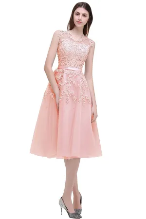 Pink Sleeveless Tulle Appliques Short Evening Cocktail Gowns