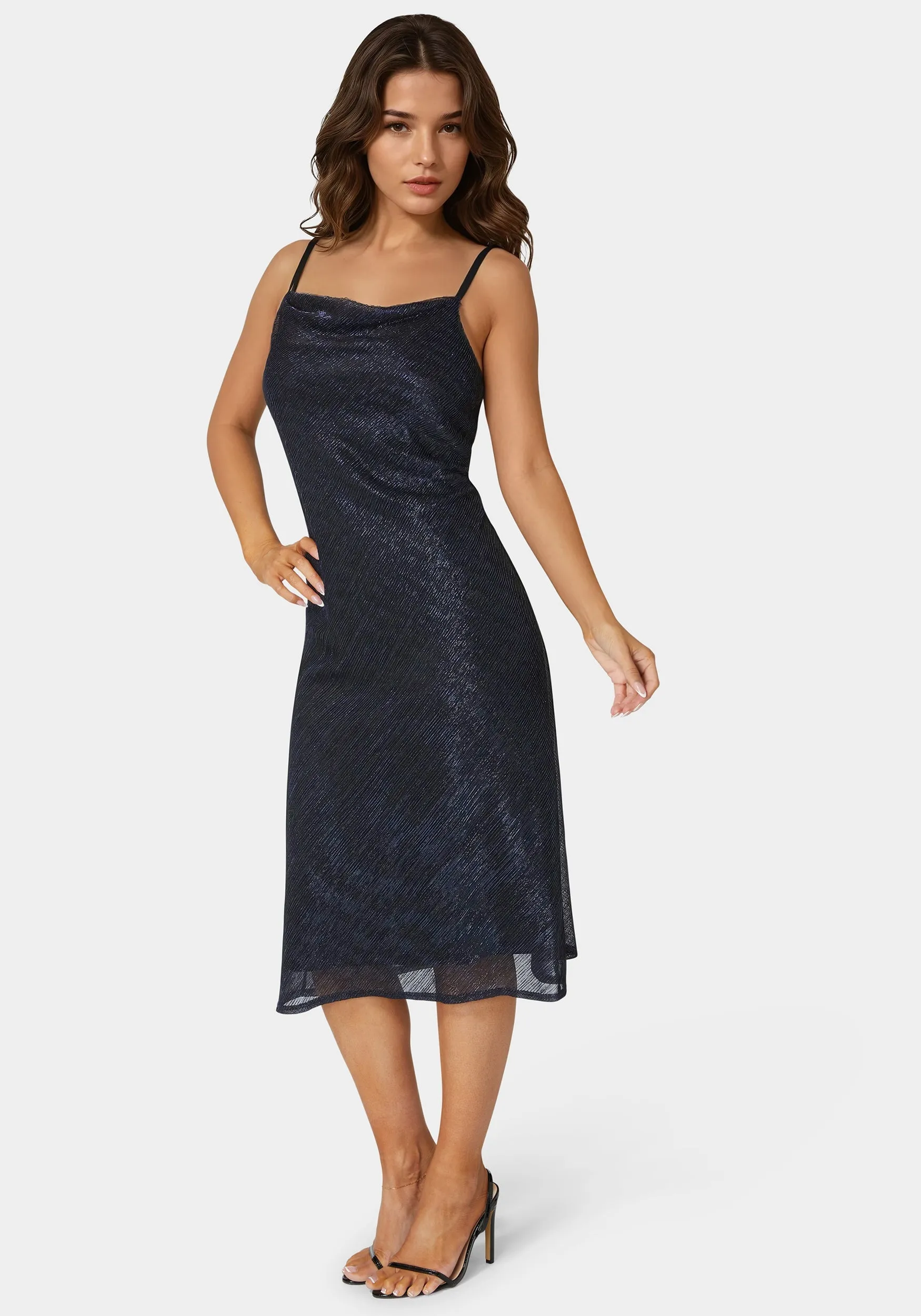 Pleated Cowl Neck Midi Dress