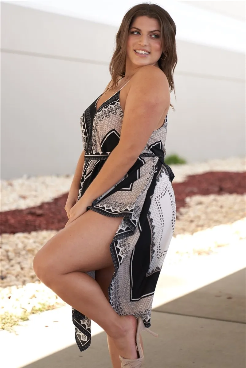 Plus "kerchief" Black & Grey Geometric Print V-neck Sleeveless Self-tie Belt Asymmetrical Mini Dress