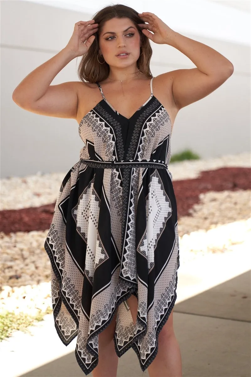 Plus "kerchief" Black & Grey Geometric Print V-neck Sleeveless Self-tie Belt Asymmetrical Mini Dress