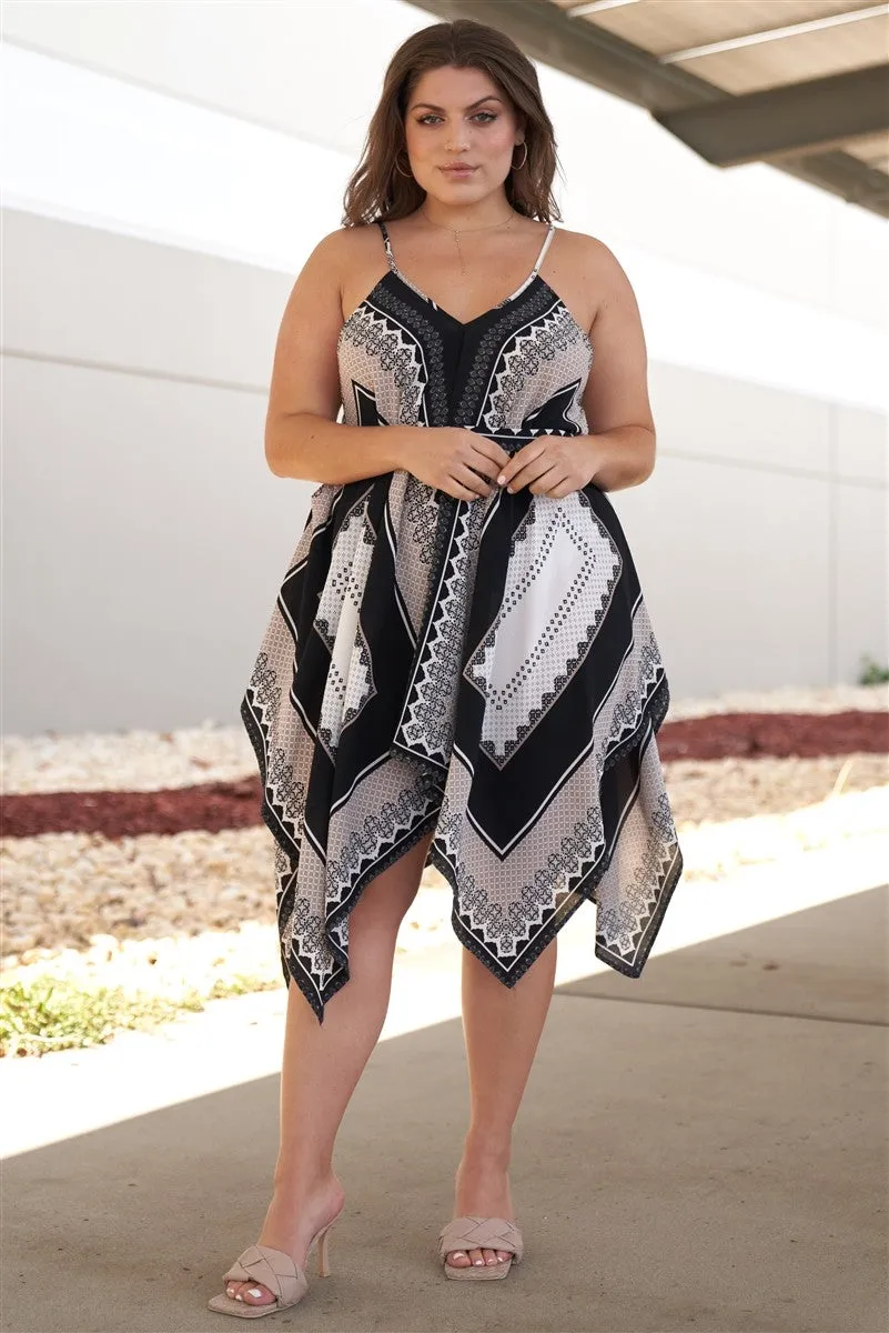 Plus "kerchief" Black & Grey Geometric Print V-neck Sleeveless Self-tie Belt Asymmetrical Mini Dress