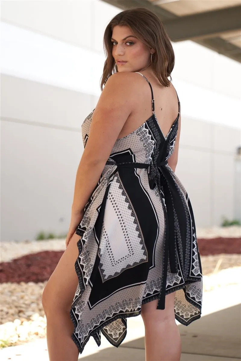 Plus "kerchief" Black & Grey Geometric Print V-neck Sleeveless Self-tie Belt Asymmetrical Mini Dress