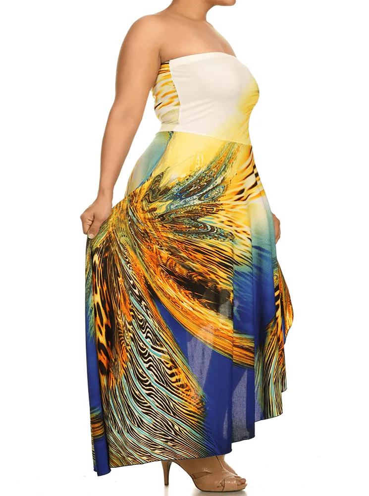 Plus Size Luring Peacock Print Hanky Hem Blue Dress