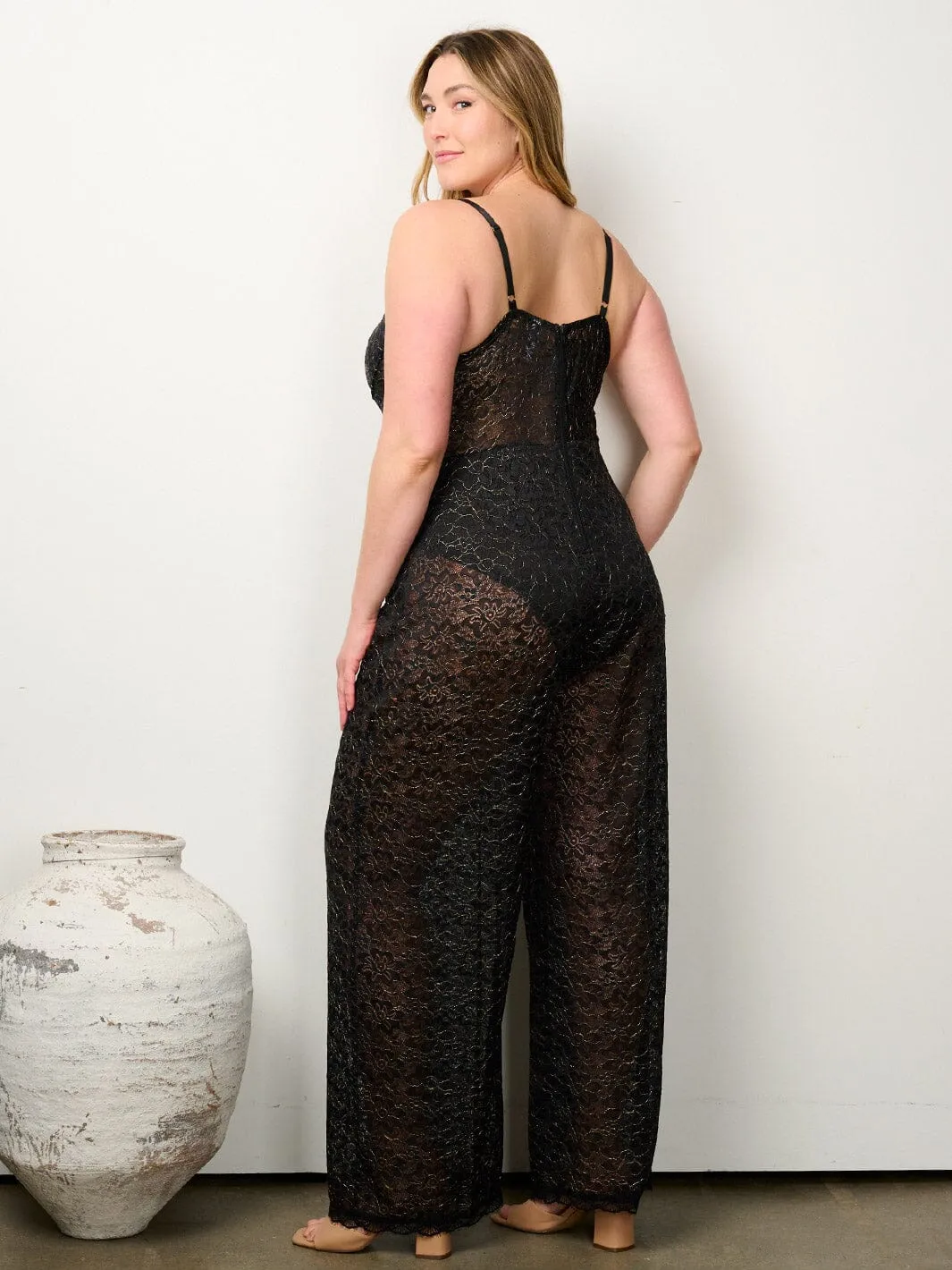 PLUS SIZE SLEEVELESS V-NECK ALL OVER LACE WIDE LEG JUMPSUIT