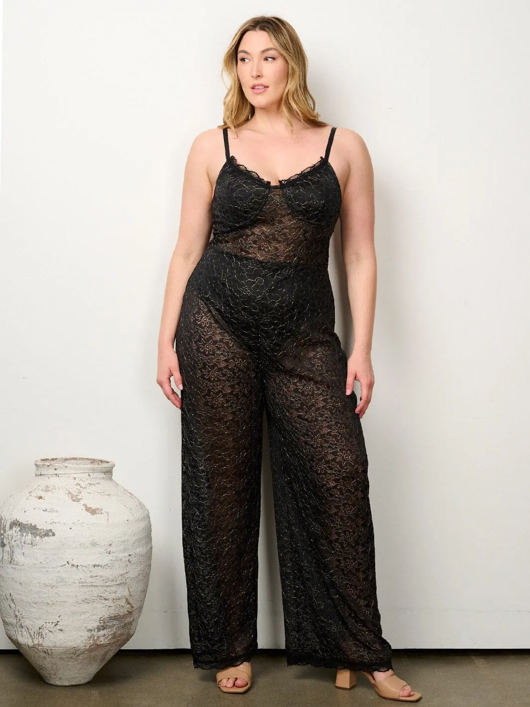 PLUS SIZE SLEEVELESS V-NECK ALL OVER LACE WIDE LEG JUMPSUIT