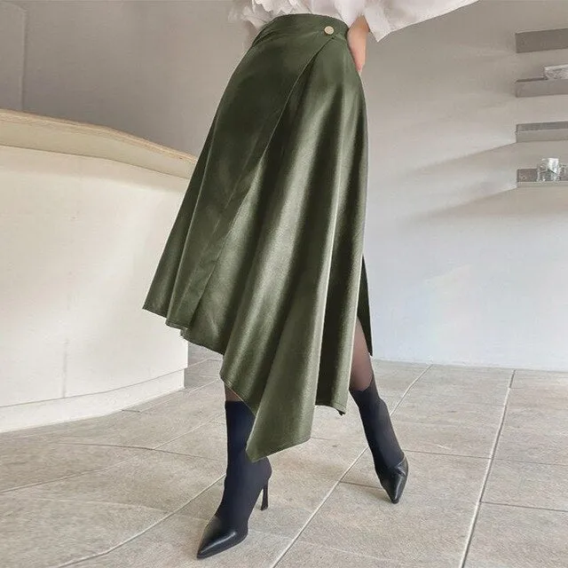 Plus Size Women PU Maxi Skirts 2021 VONDA Sexy Office Ladies High Waist Solid Color Casual Irregular Long Skirt OL Skirs