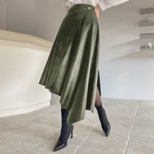 Plus Size Women PU Maxi Skirts 2021 VONDA Sexy Office Ladies High Waist Solid Color Casual Irregular Long Skirt OL Skirs