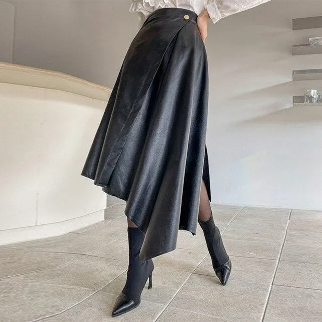 Plus Size Women PU Maxi Skirts 2021 VONDA Sexy Office Ladies High Waist Solid Color Casual Irregular Long Skirt OL Skirs