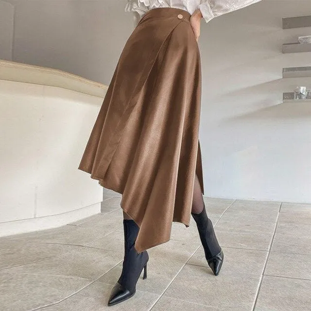 Plus Size Women PU Maxi Skirts 2021 VONDA Sexy Office Ladies High Waist Solid Color Casual Irregular Long Skirt OL Skirs