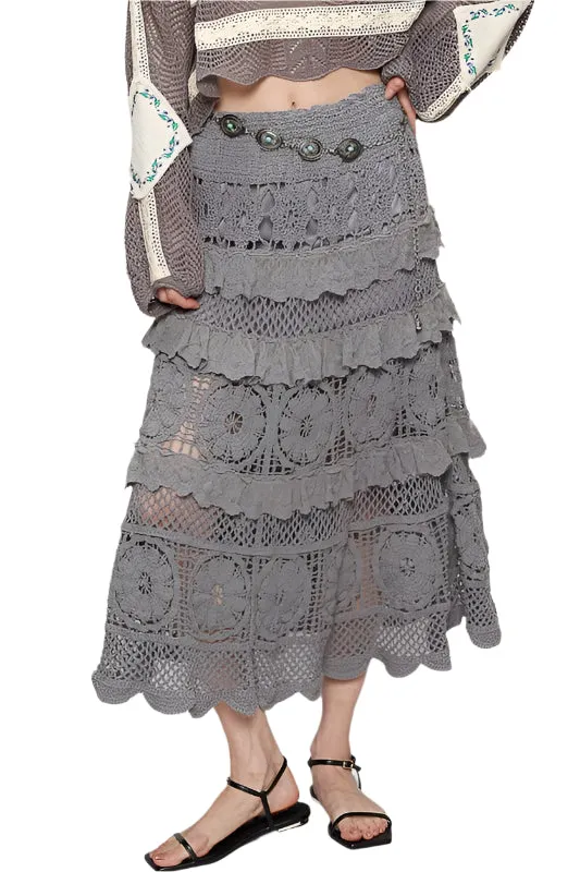 POL Crochet Lace Ruffled Midi Skirt