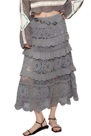 POL Crochet Lace Ruffled Midi Skirt