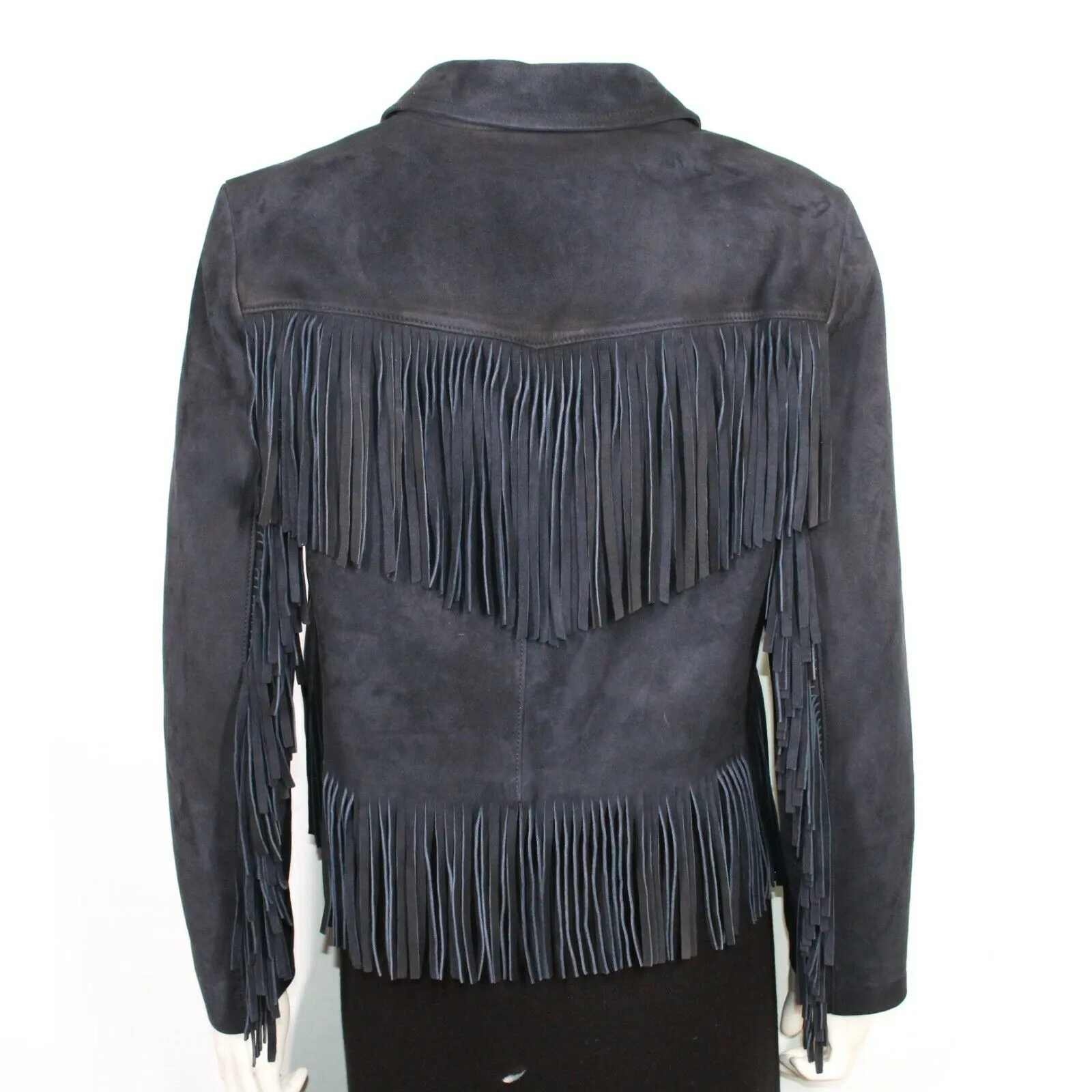Prada Runway $5500 Suede Fringe Leather Jacket Navy Blue IT 40 US 4