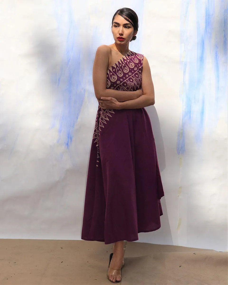 Purple Handprinted One Shoulder Pure Cotton Dress -Skd