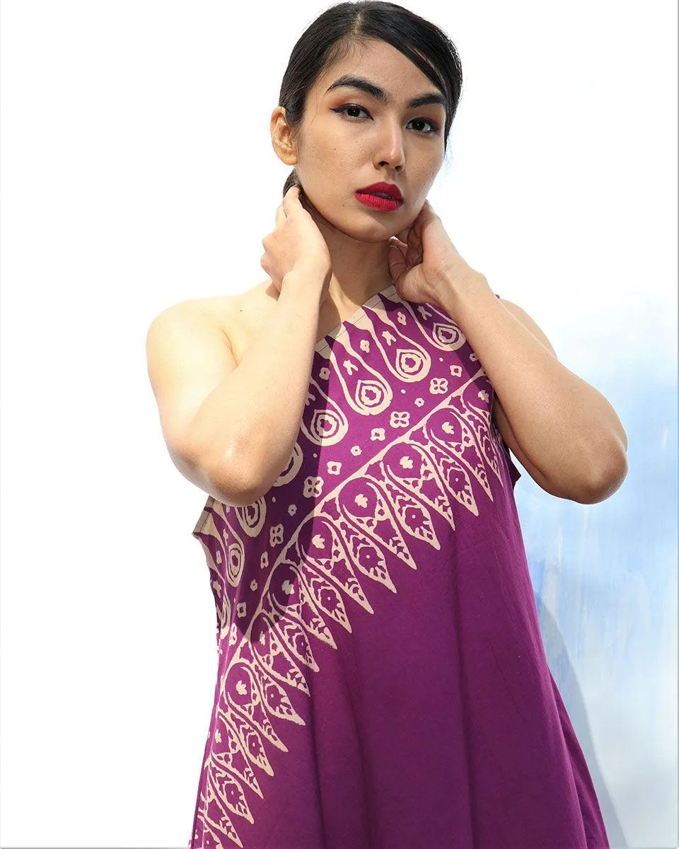 Purple Handprinted One Shoulder Pure Cotton Dress -Skd