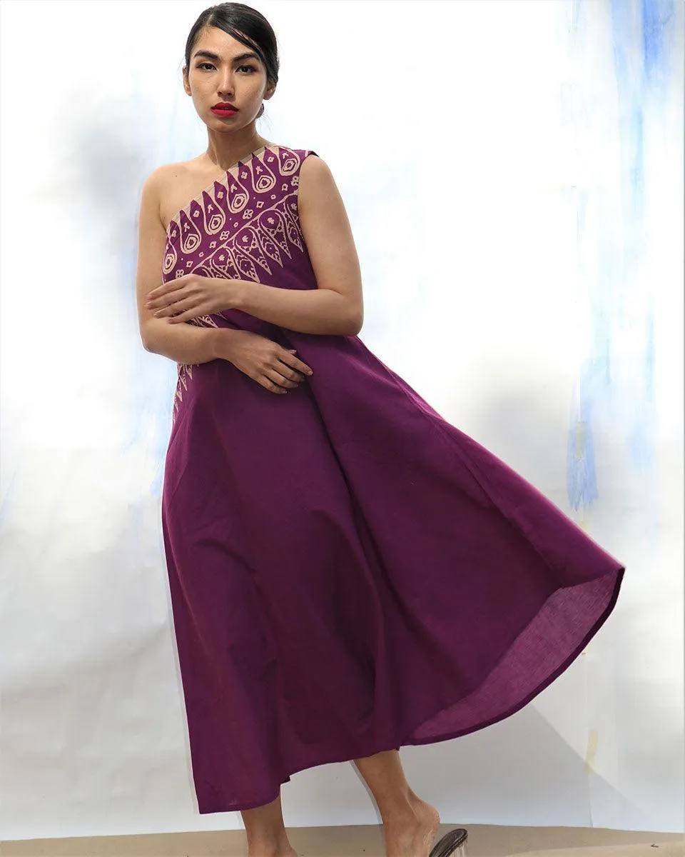 Purple Handprinted One Shoulder Pure Cotton Dress -Skd