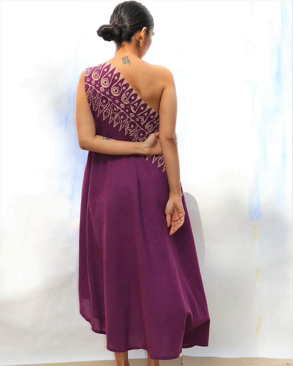 Purple Handprinted One Shoulder Pure Cotton Dress -Skd