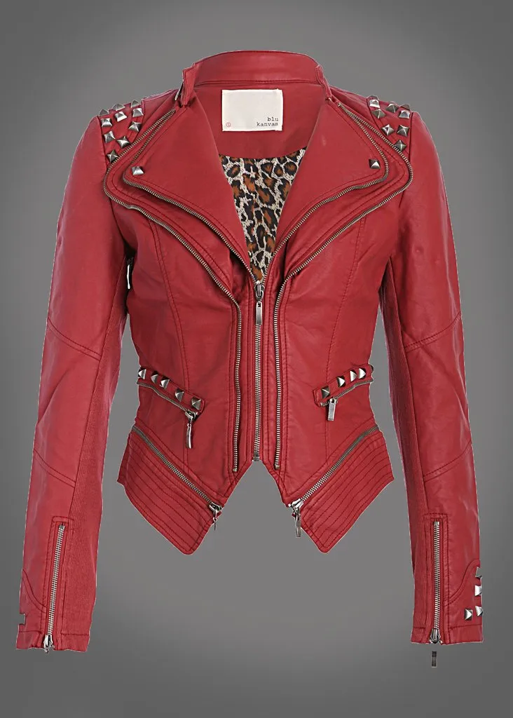 Red Studded PU Leather Slim Fit Moto Jacket