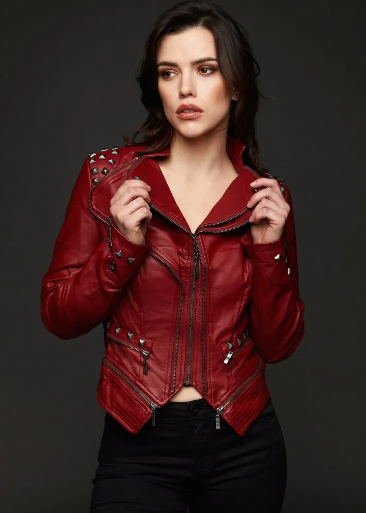 Red Studded PU Leather Slim Fit Moto Jacket