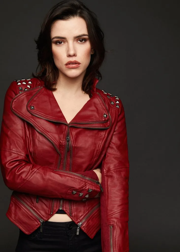 Red Studded PU Leather Slim Fit Moto Jacket