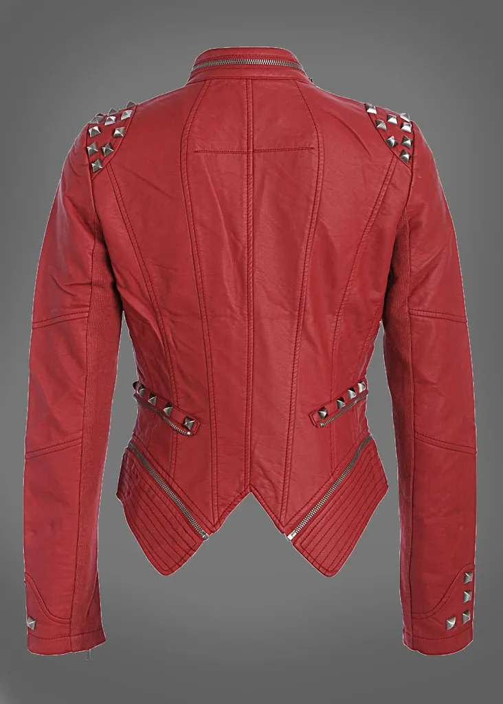 Red Studded PU Leather Slim Fit Moto Jacket