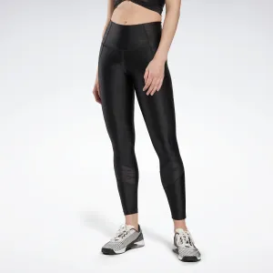 Reebok Apparel Women Shiny Yoga Pose Scribble High-Rise Leggings Black