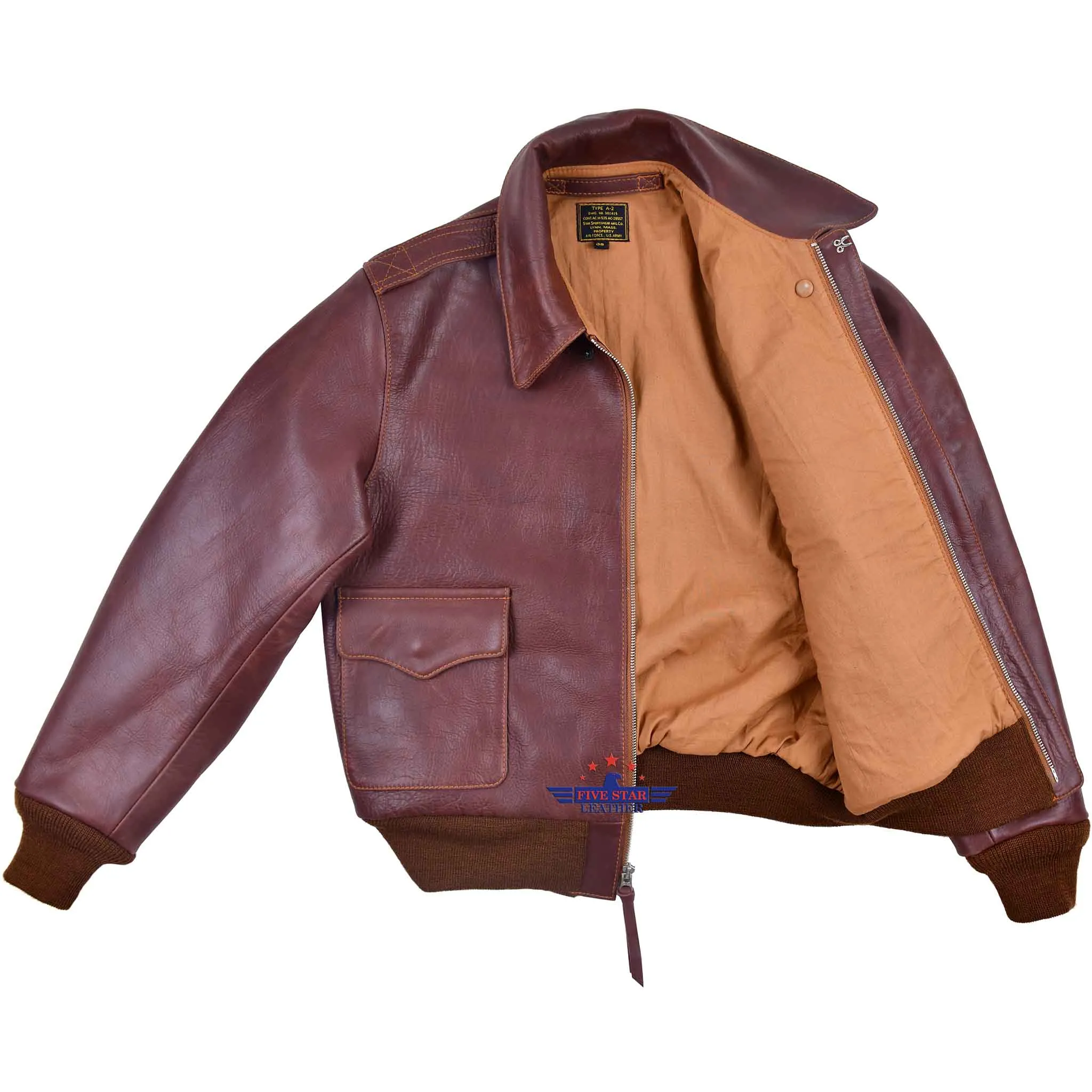 Repro A2 STAR SPORTSWEAR MFG.CO. Order No W535ac 28557 Horsehide Pull Up Brown Leather Flight Jacket