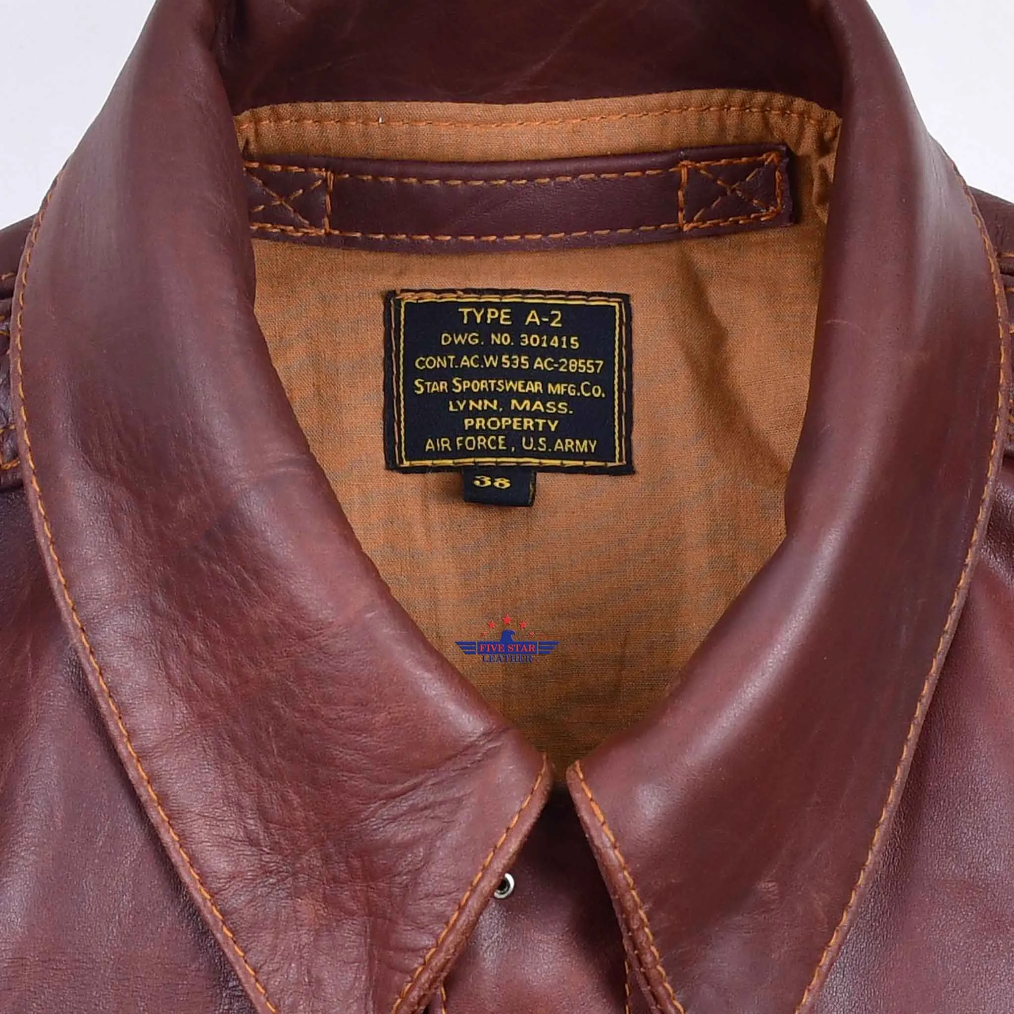 Repro A2 STAR SPORTSWEAR MFG.CO. Order No W535ac 28557 Horsehide Pull Up Brown Leather Flight Jacket