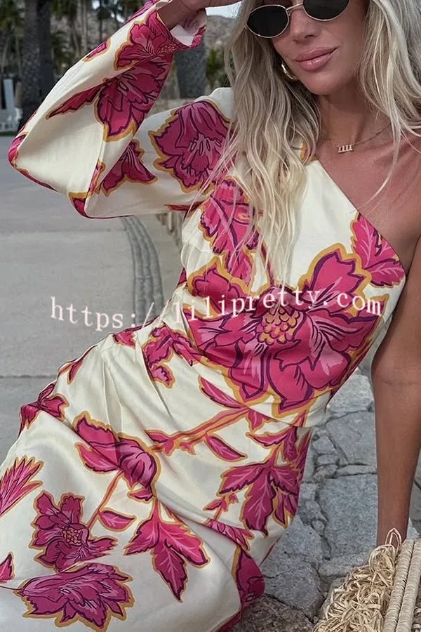 Rhia Satin Floral Print One Shoulder Flared Maxi Dress