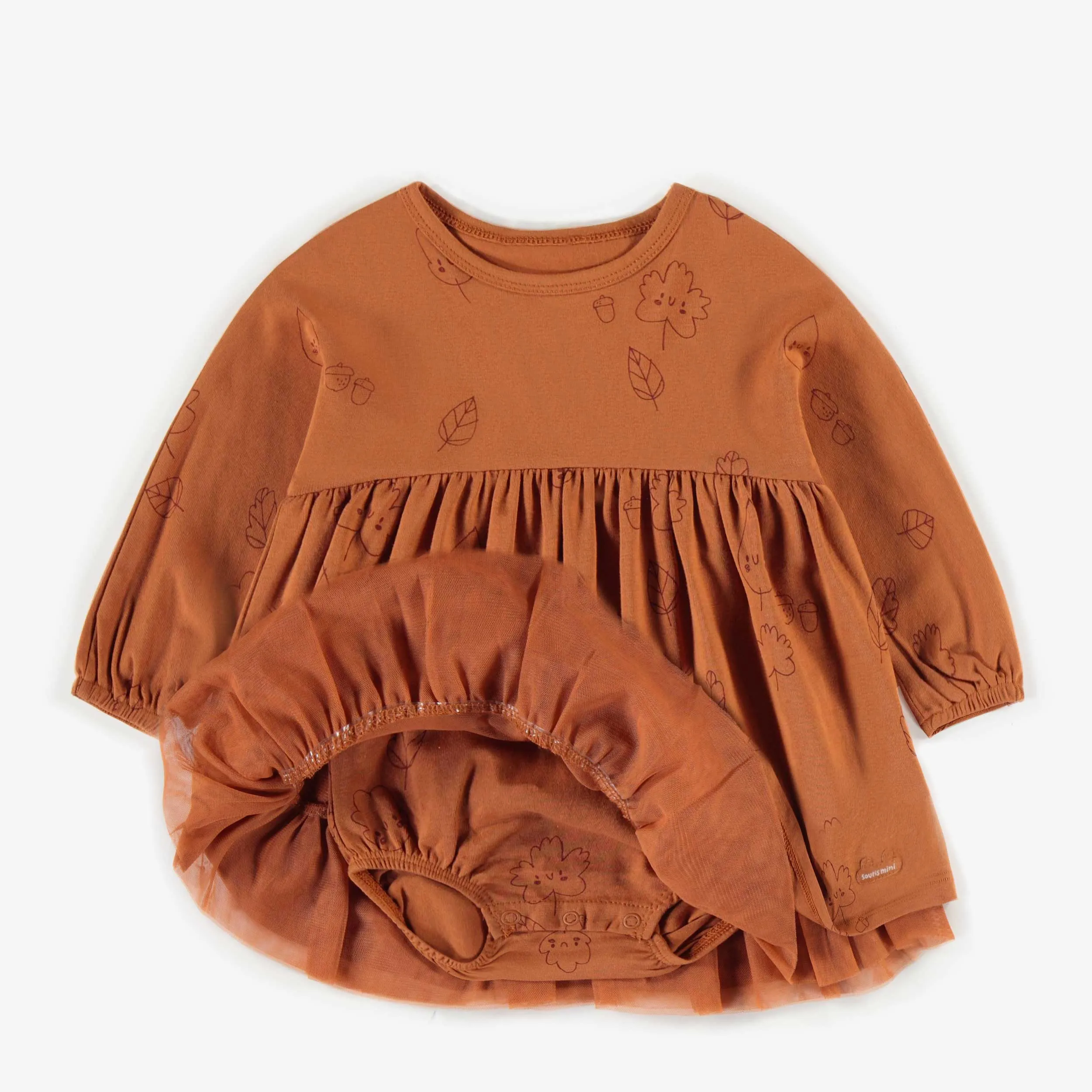 Robe cache-couche brune cuivrée en coton biologique, naissance  || Amber brown bodysuit dress in organic cotton, newborn