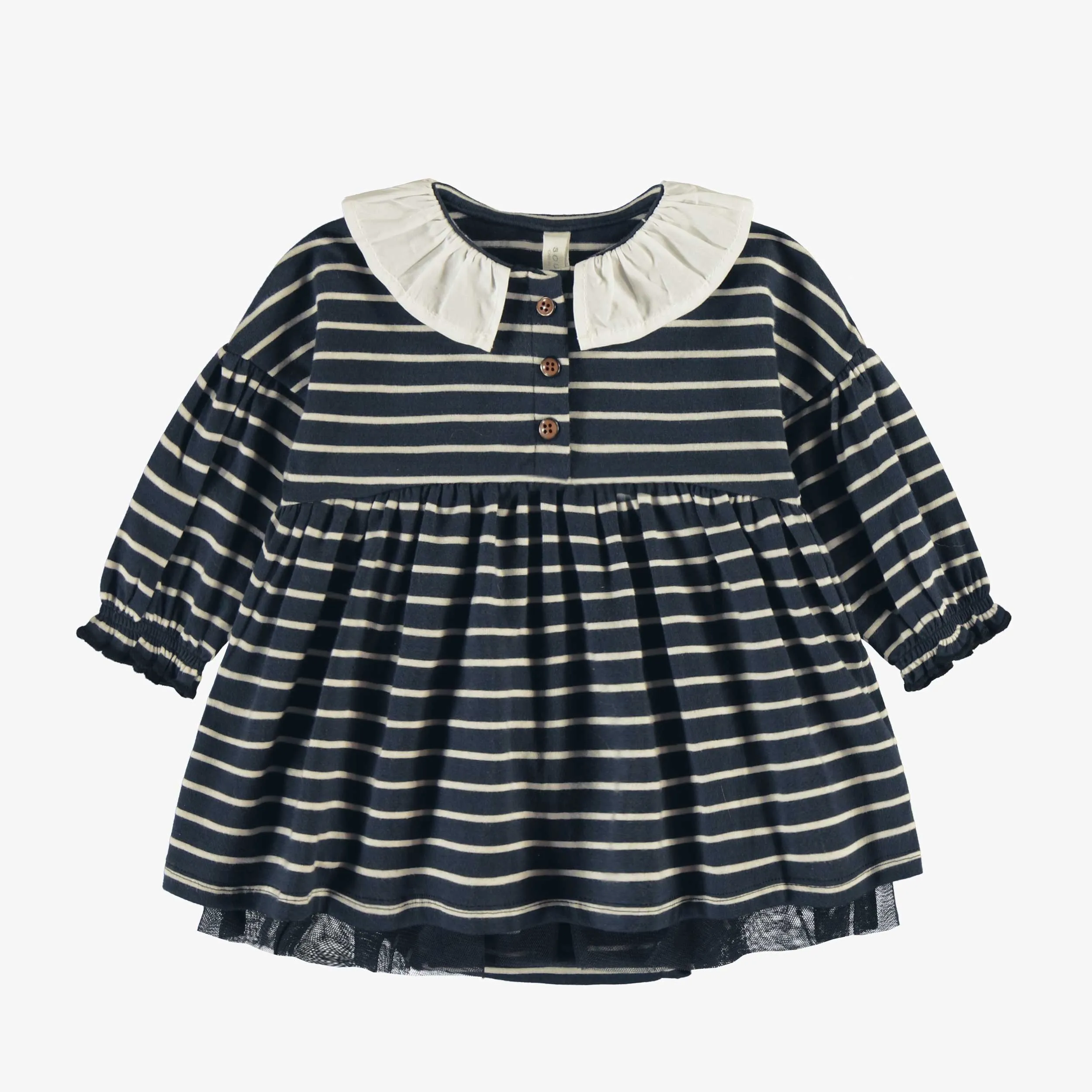 Robe cache-couche rayé marine avec un col claudine en coton biologique, naissance || Navy striped bodysuit dress with a claudine collar in organic cotton, newborn