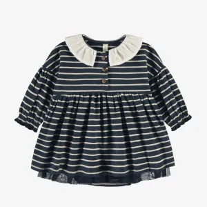 Robe cache-couche rayé marine avec un col claudine en coton biologique, naissance || Navy striped bodysuit dress with a claudine collar in organic cotton, newborn