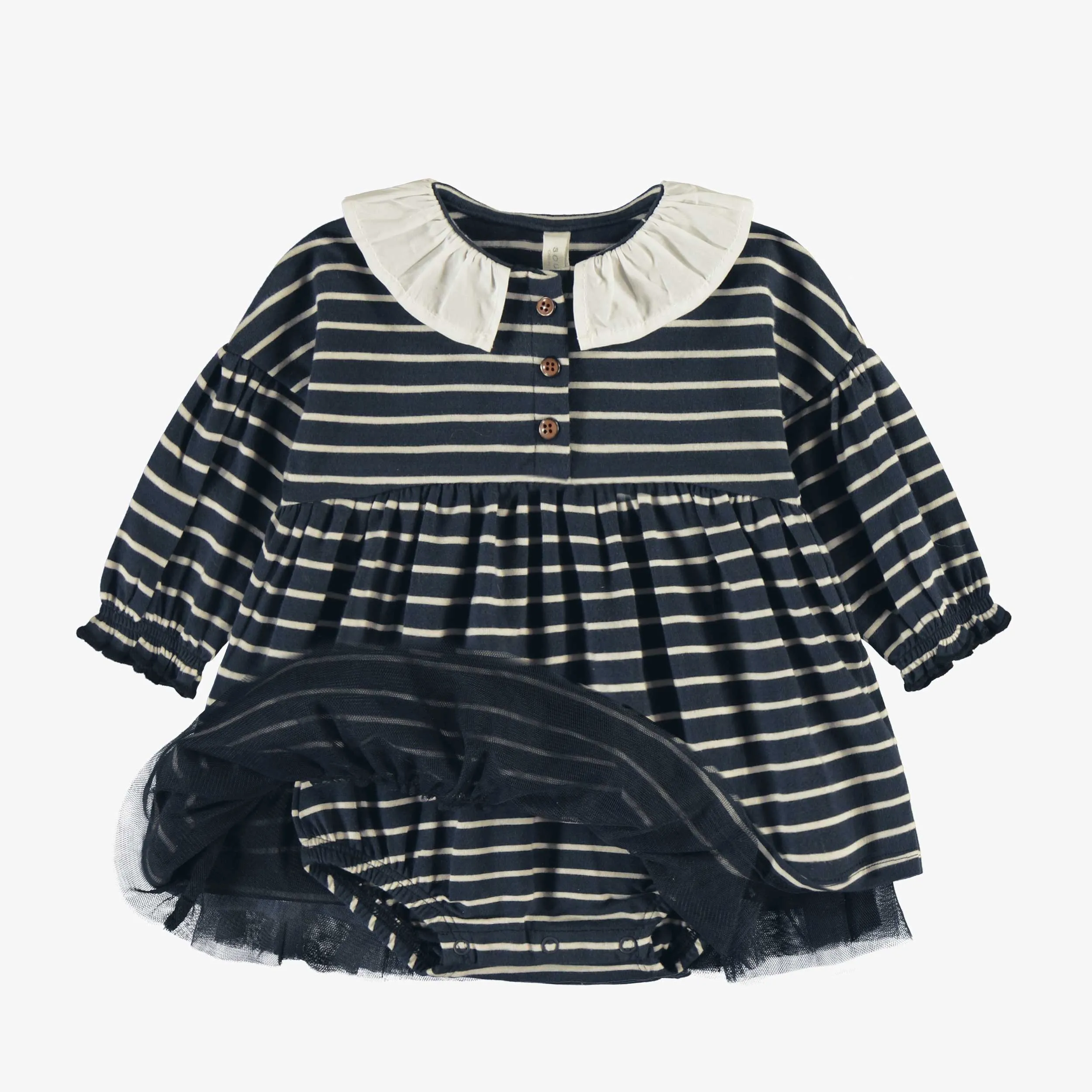 Robe cache-couche rayé marine avec un col claudine en coton biologique, naissance || Navy striped bodysuit dress with a claudine collar in organic cotton, newborn