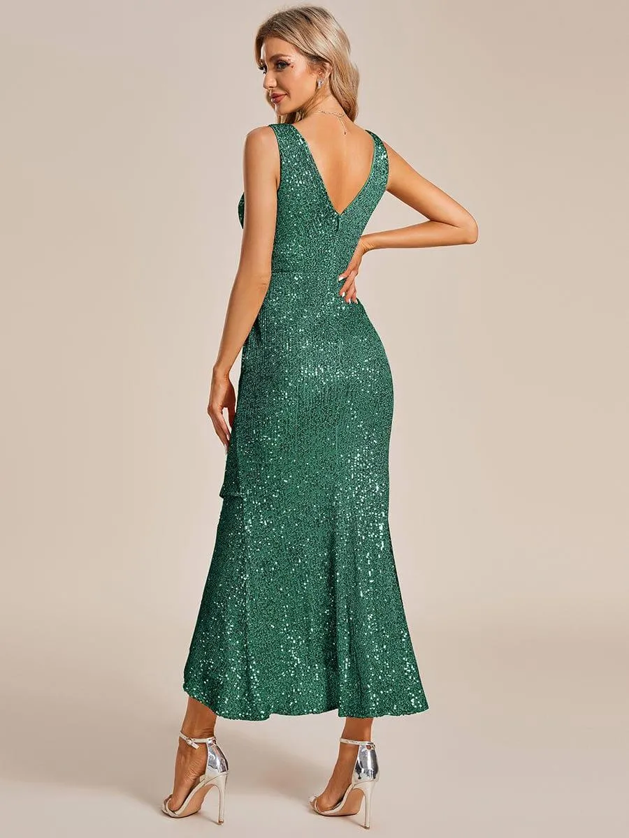 Robe de Soirée Paillettes Ourlet Asymétrique Col V Sans Manches(Vente finale)