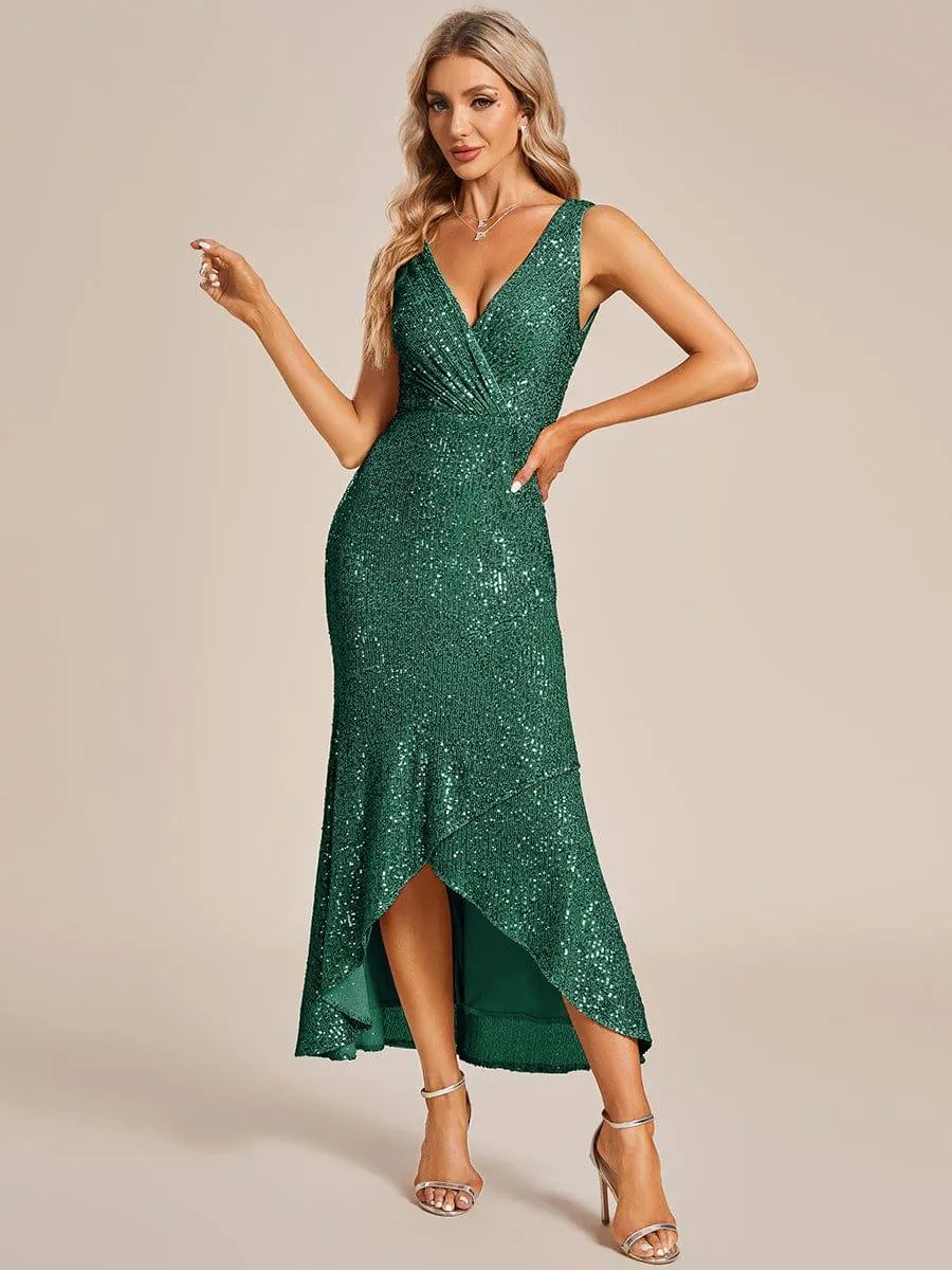 Robe de Soirée Paillettes Ourlet Asymétrique Col V Sans Manches(Vente finale)