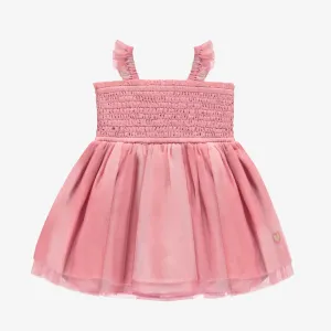 Robe rose cendré en nid d'abeille et tulle, bébé||Dusty pink smocked and tulle dress, baby