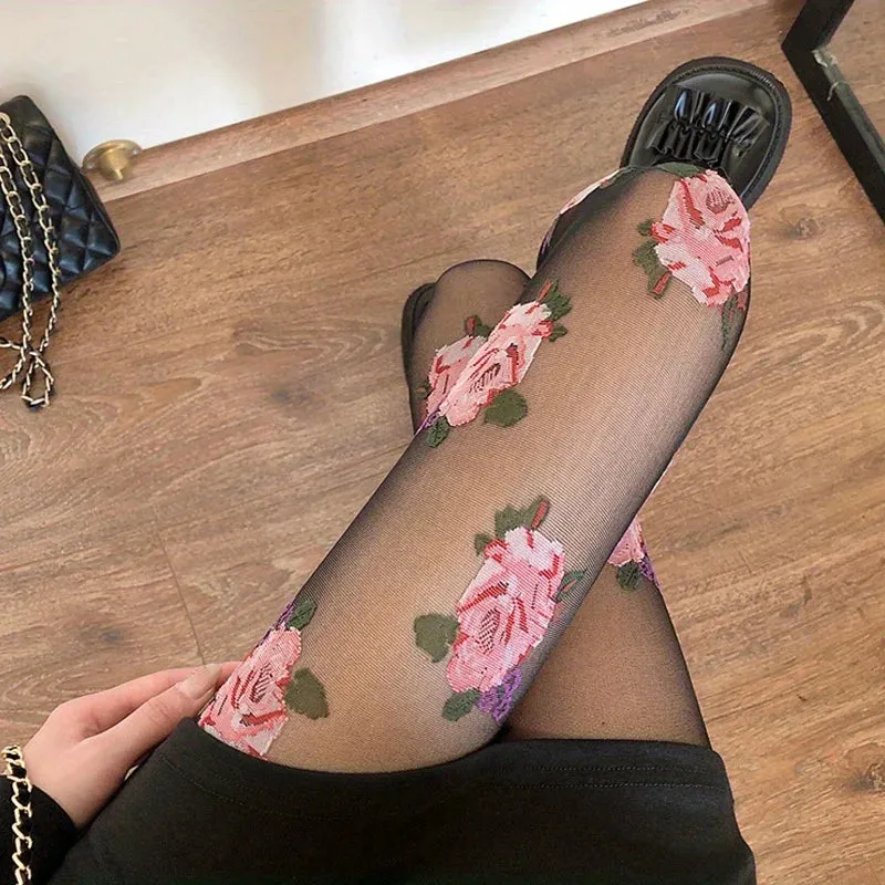 Rose Print Fishnet Tights