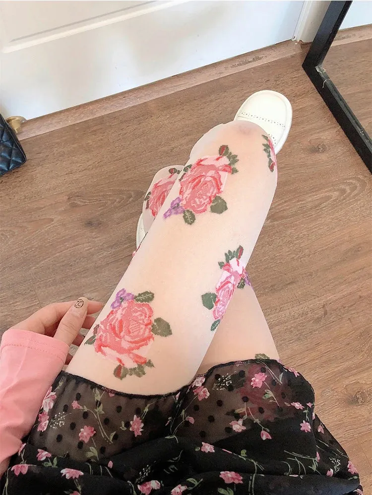 Rose Print Fishnet Tights