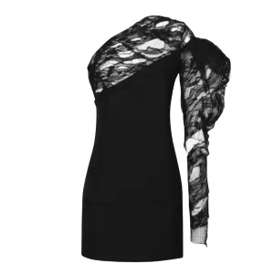 Saint Laurent Black Lace One Shoulder Asymmetrical Mini Dress