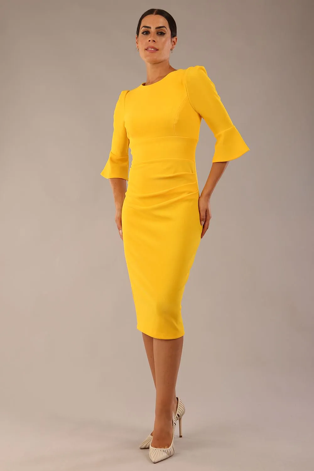 Santorini 3/4 Length Bell Sleeve Midi Pencil Dress