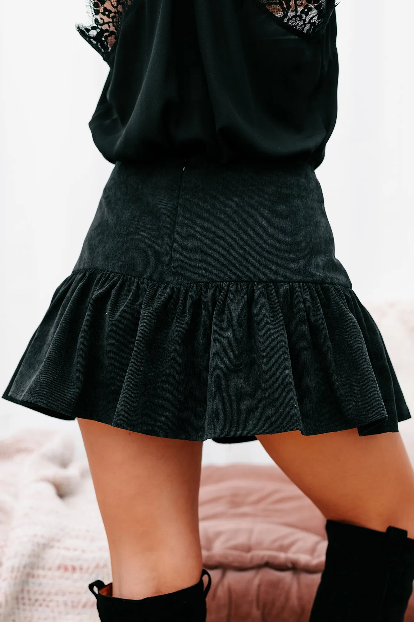 Sass In The City Corduroy Ruffled Mini Skort (Black)